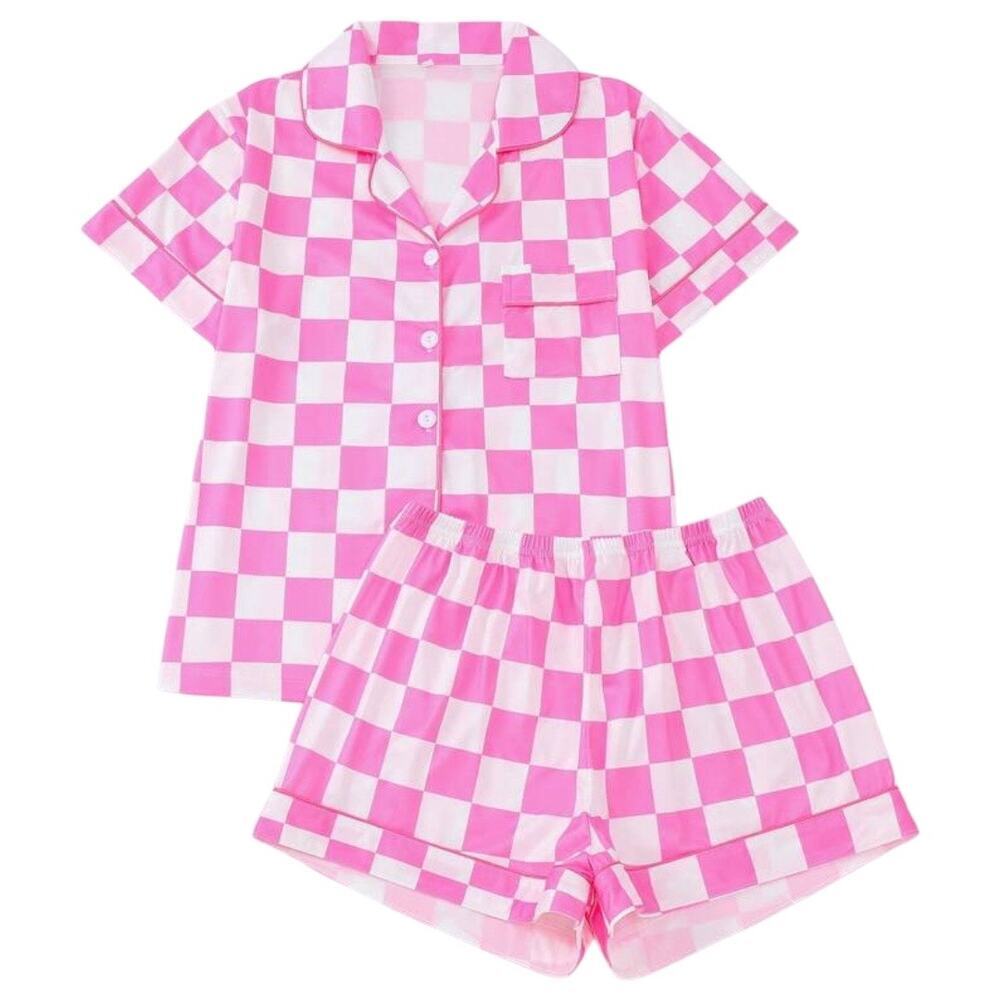 Pink Checkerboard Pajama Set Women’s Short Sleeve Button Top & Shorts Size L NWT